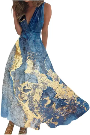 ZDRZK Women's Casual Dresses Sleeveless Wrapped Chest Maxi Dresses Marble Print Sexy Flowy Summer Dresses Trendy 2024